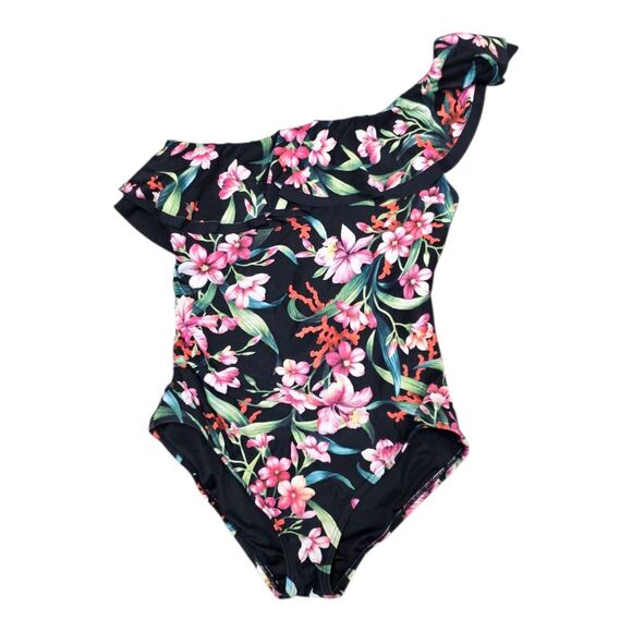 Carmen Marc Valvo Black Floral One Shoulder Ruffle One Piece Swimsuit 12 - Picture 2 of 4